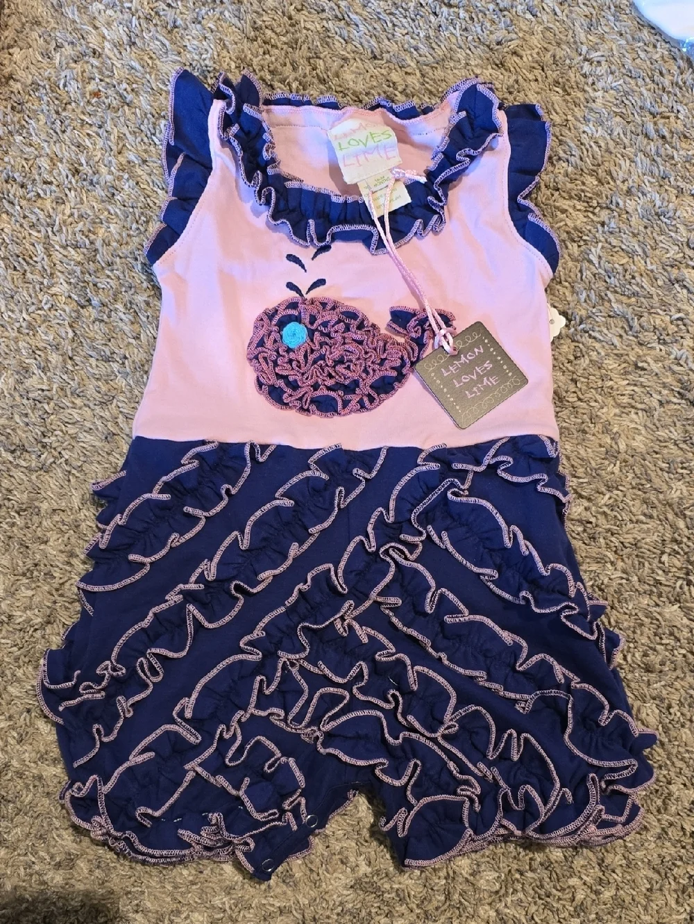 Lemon Loves Lime Pink & Navy Whale Ruffle Romper